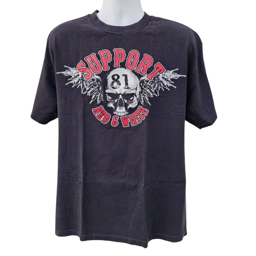 Support 81 Red & White Double Sided Graphic T Shirt Mens XL Black Biker Tee